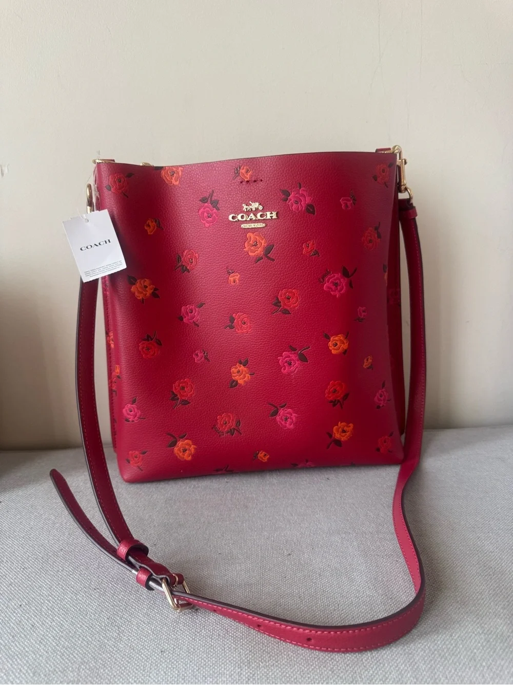 Coach Red Apple Multi- Peony Flower Bucket Handbag Purse